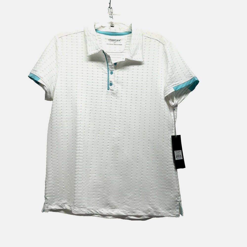 Maggie Lane Women's Large White Textured Short Sleeve Polo Shirt (F3)